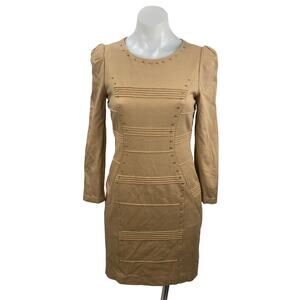 Lynn Beige Studded Seam Puff Shoulder Long Sleeve Mini Bodycon Sheath Dress Sz S